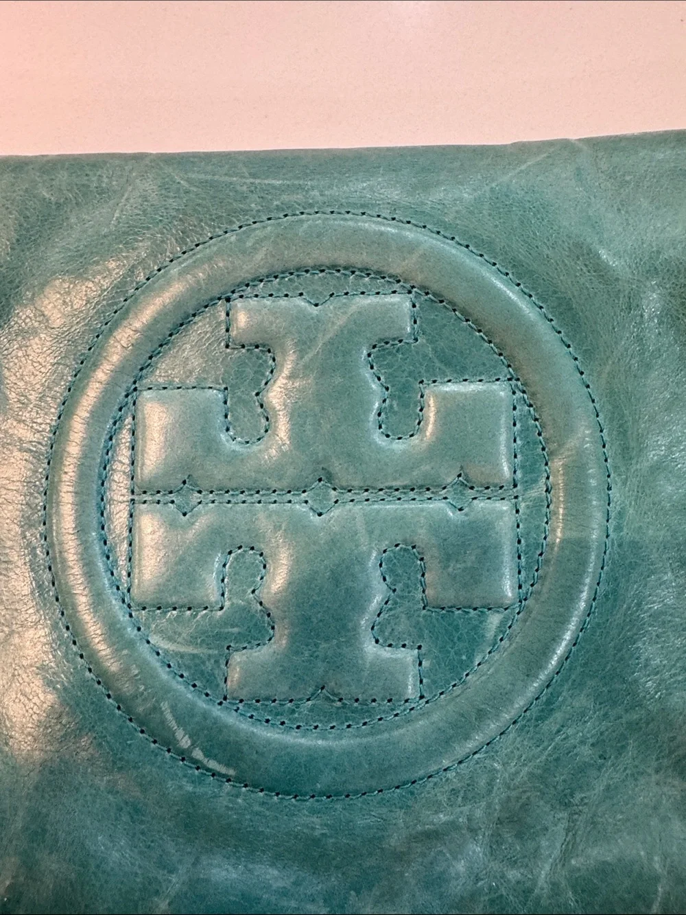 Tory Burch Teal Leather Logo Clutch with Gold Chain Strap